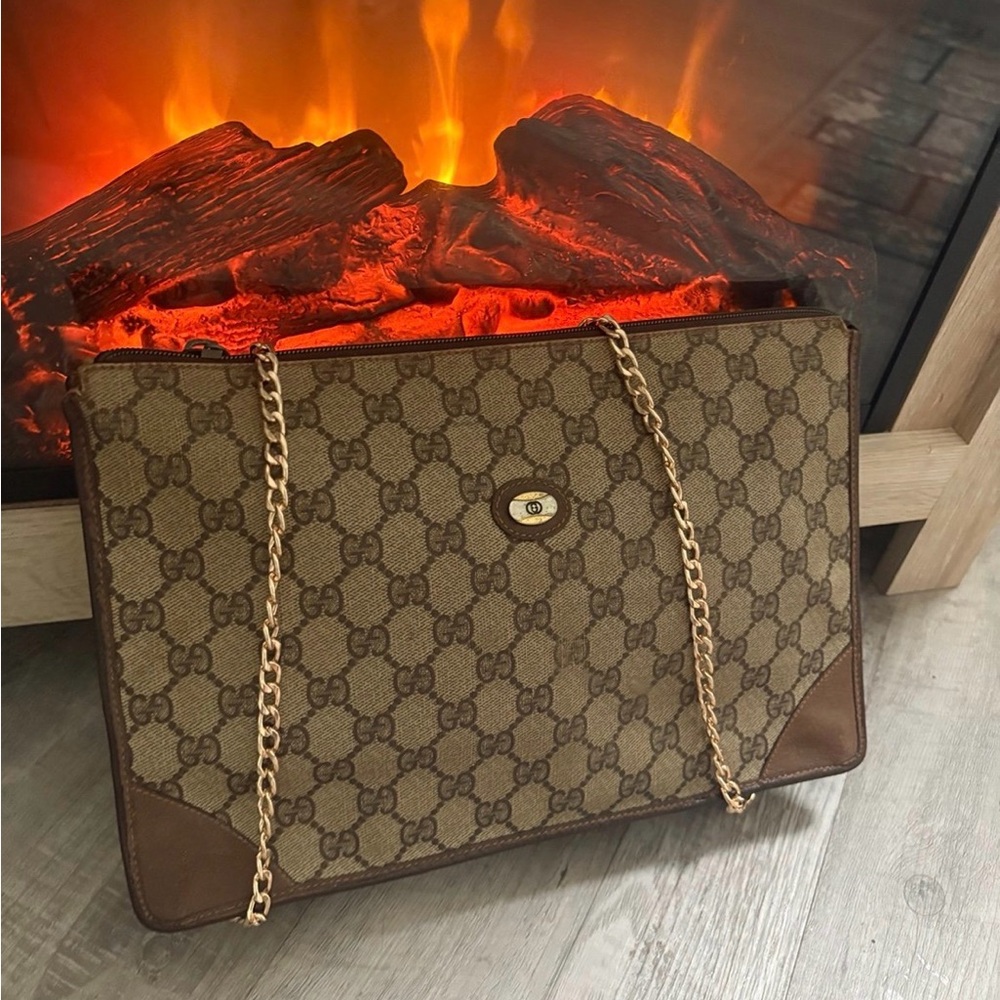 AUTH Crossbody Gucci Brown Leather Interior with Multicolor Trim Tote-Vintage - Picture 2 of 13